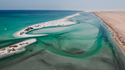 Aerial drone picture of the white sand beaches for Bar Al Hikman in Oman