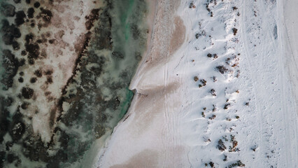 Aerial drone picture of the white sand beaches for Bar Al Hikman in Oman