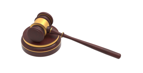 A wooden judge gavel. Auction hammer with gold on the stand. Law and justice system symbol