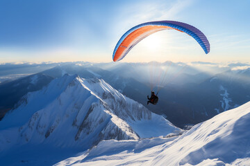 Adventure paragliding flying over snow mountain. Extreme outdoor sport in the sky. - obrazy, fototapety, plakaty