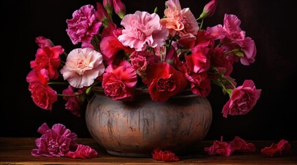 Naklejka na ściany i meble Bouquet of carnations in ceramic pot. Generative AI