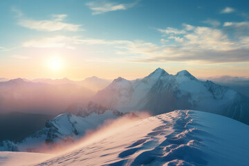 Landscape of beautiful snow mountain in winter with morning sun rising background.