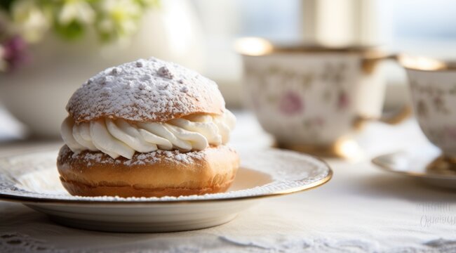 Typical Swedish semla with sweet cream. Generative AI
