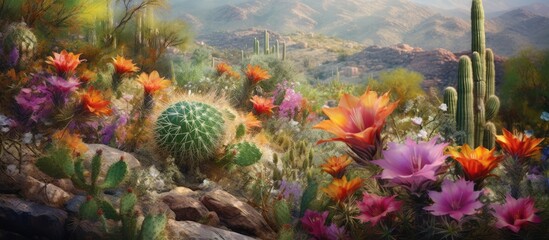 Fototapeta na wymiar In Arizona, a native flora of desert plants springs to life, adorning the background with vibrant colors. The beauty of nature shines through as colorful flowers and lush greenery thrive, showcasing