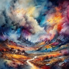 Obraz na płótnie Canvas watercolor of grunge romantic landscape, intense, stylized, detailed, contemporary intricate art