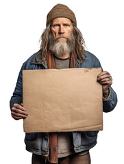 Homeless man holding blank paper for contents. The problem of homelessness. on a transparent background PNG.
