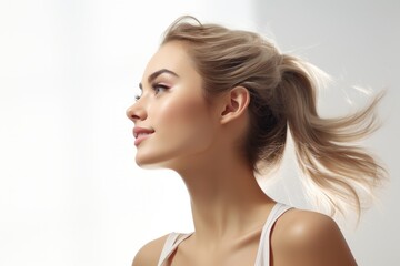 Fototapeta premium beautiful young freshness female woman portrait view profile photo stylish beauty hair and makeup glamorous elegance woman skincare hair design studio shot