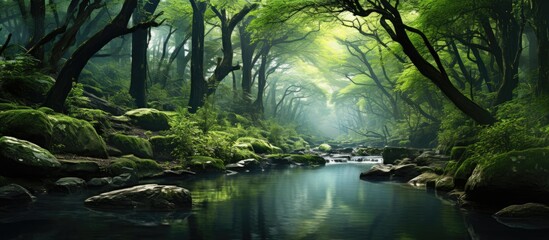 In the picturesque landscape of a beautiful spring season, the lush green forest hosted a symphony of nature as water gently trickled from the branches of tree, caressing every leaf; an enchanting