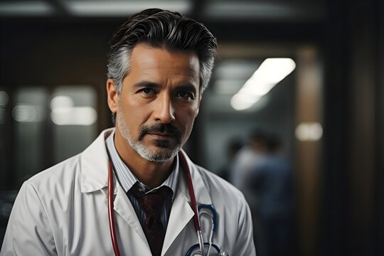 portrait of a handsome  doctor ,medical professional wearing a white lab coat and a stethoscope HD