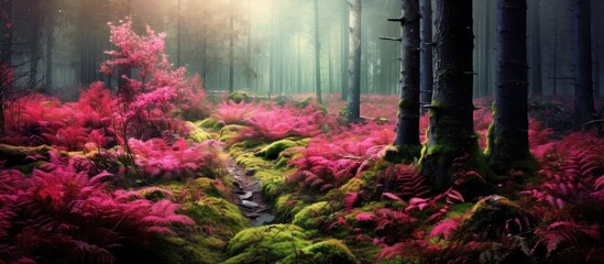 enchanting autumn forest, amidst the lush green grass and moss-covered soil, a vibrant pink plant stands tall, a testament to the bountiful harvest of organic food nurtured by the natural background - obrazy, fototapety, plakaty