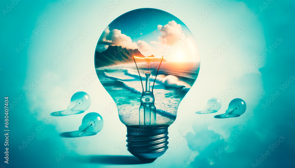 Poster conceptual image of lightbulb with blue sky, sea and clouds. generative ai