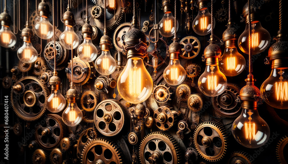 Poster retro light bulbs and gears hanging on a wall in a workshop. generative ai
