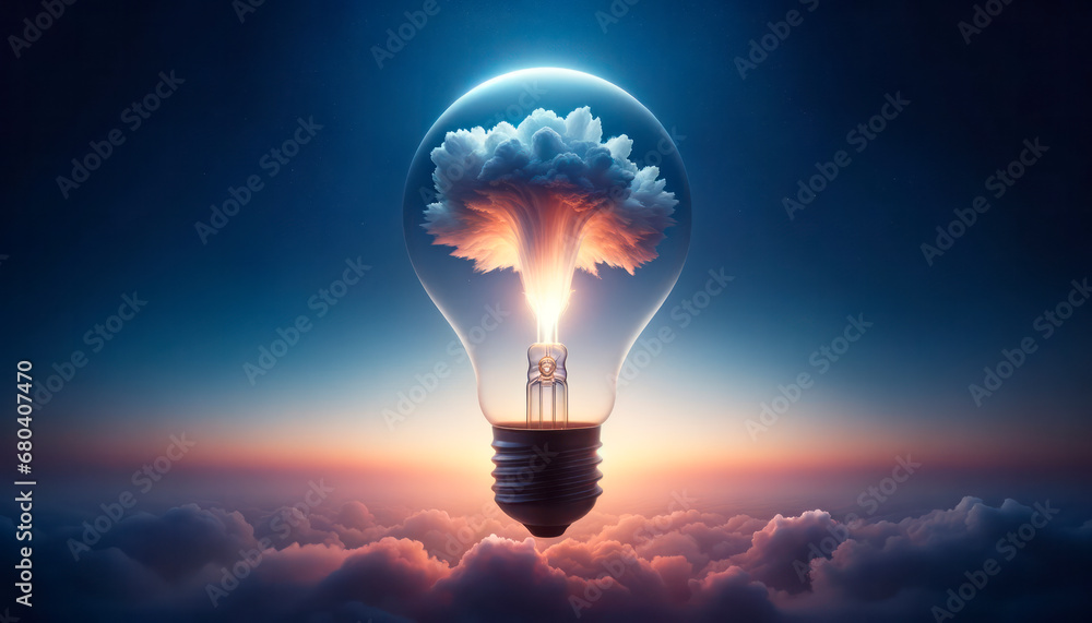Poster conceptual image with light bulb and cloud in it. imagination and inspiration concept. generative ai