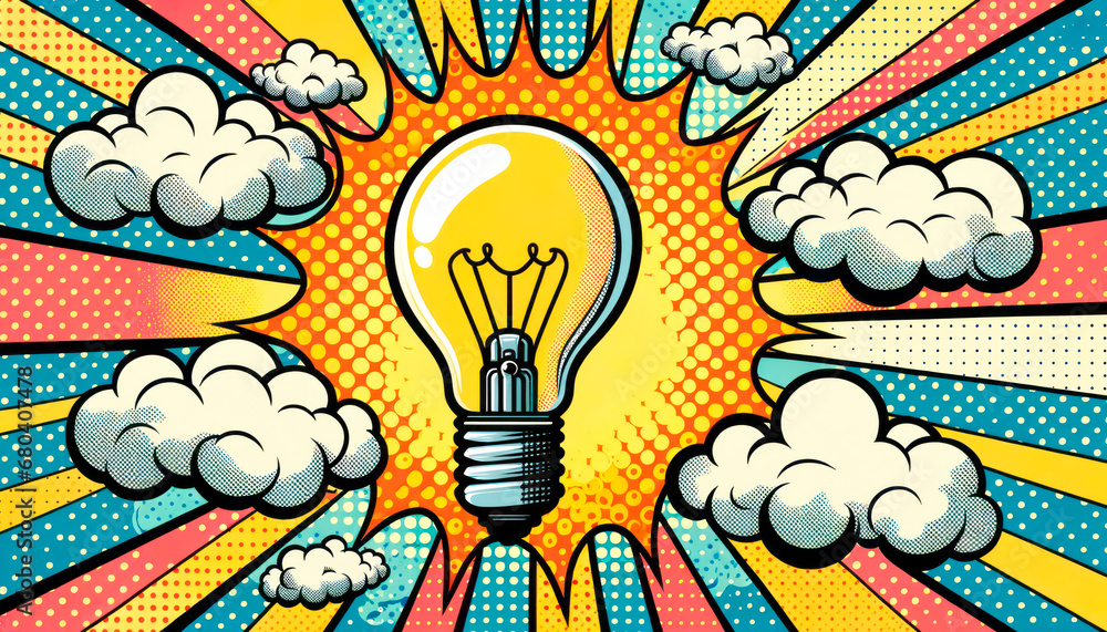 Poster bulb with clouds pop art retro style. comic book style imitation. generative ai
