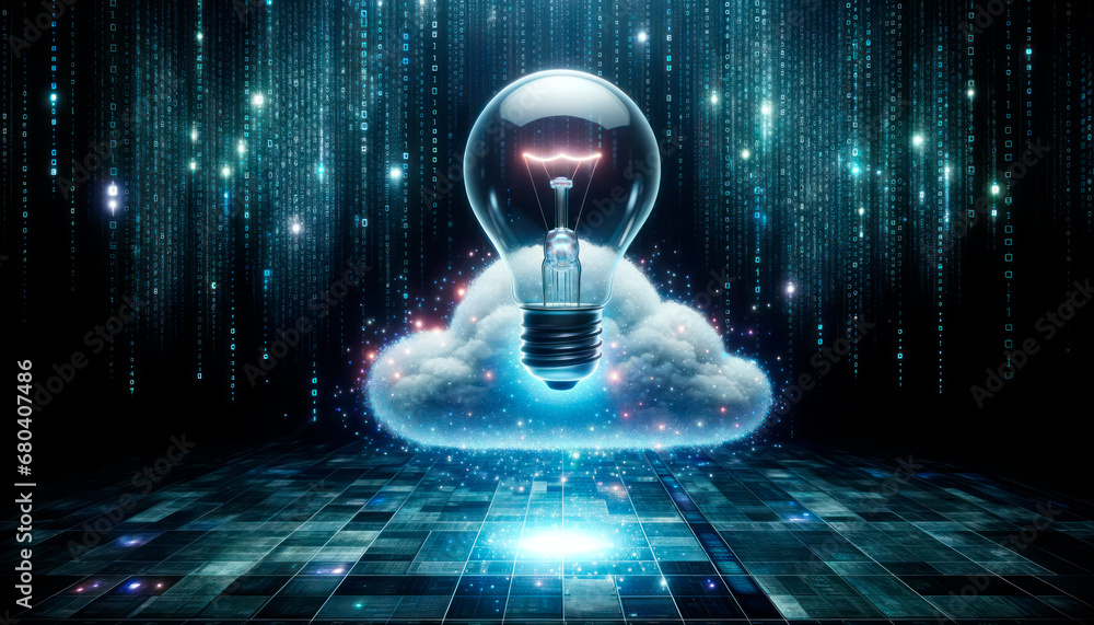 Poster Conceptual image with lightbulb on cloud against glowing background. Generative AI
