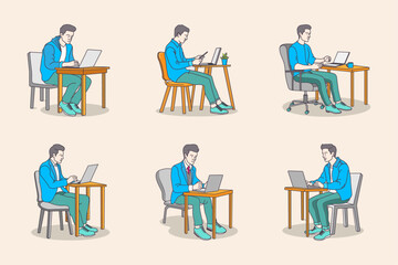 Young boy working on a chair and table with a laptop using from home, flat coloring line art minimal illustration.