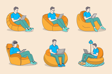 Young boy working on a bean bag chair with a laptop using from home, flat coloring line art minimal illustration. (6 vector design)