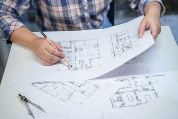 Architecture drawing on architectural Creative project business architecture building construction&nbsp;Industrial engineering Achievement Planning Design on blueprint eco