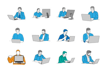 Illustration of a flat character boy laptop use line art vector design white background.