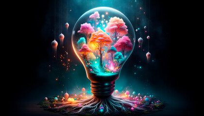 Naklejka premium Glowing light bulb with tree inside, inspiration concept. Generative AI