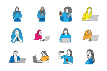 Illustration of a flat character girls laptop use line art vector design white background.