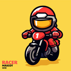 Cute racer character, off road motorcycle racer mascot, simple logo element, t shirt design
