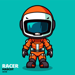 Kawaii racer character standing with racing custom, cute logo element, sticker design