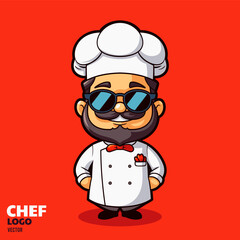 Illustration of bearded chef mascot for restaurant logo, full body chef character, t shirt design style