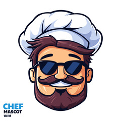 A cute chef cartoon mascot, handsome face, happy expression, with sunglasses