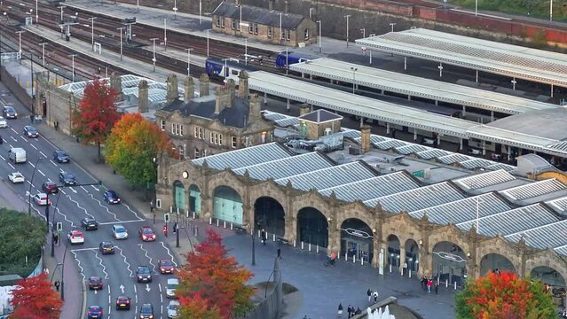 Close up drone shot Sheffield train station building in North England