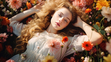 Portrait of a beautiful young woman lying in the flower field
