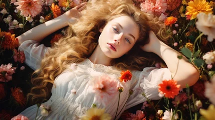 Draagtas Portrait of a beautiful young woman lying in the flower field © Boraryn