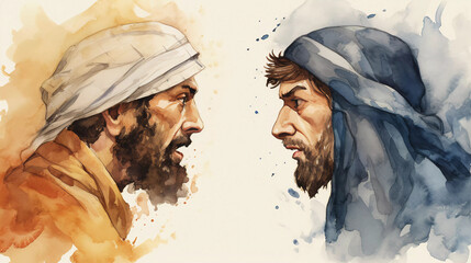 Extremism Unmasked: Rivalry in the Middle East. Arab man vs. Jewish man. Jews against Arabs. Conflict in the Middle east watercolor style