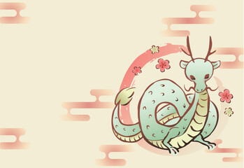 辰年の年賀状　辰と梅の花　横