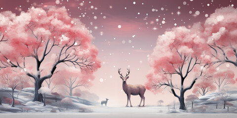 Hirsch als Cartoon in pink Farben im Schnee im Querformat als Banner, ai generativ