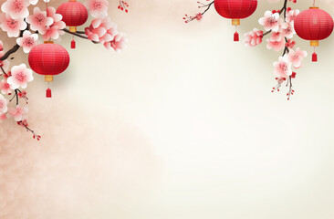 Chinese sakura tree and lantern for new year festival, happy chinese new year 2024 with flowers and lanterns - obrazy, fototapety, plakaty