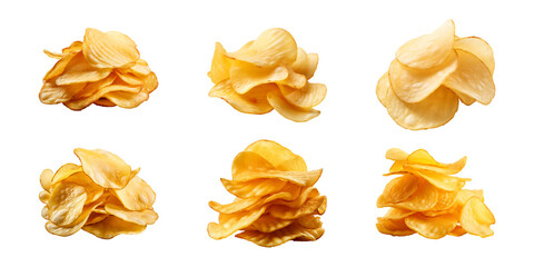 Collection set of crispy potato chips isolated on a transparent background, cut out