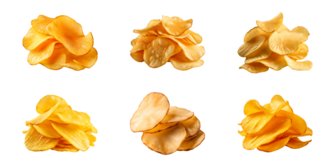 Collection set of crispy potato chips isolated on a transparent background, cut out