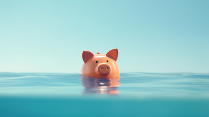 Piggy bank drowning in debts concept image