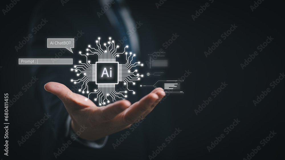 Fototapete Ai tech, businessman show virtual graphic Global Internet connect Chatbot Chat with Artificial Intelligence. using command prompt for generates something, Futuristic technology transformation.