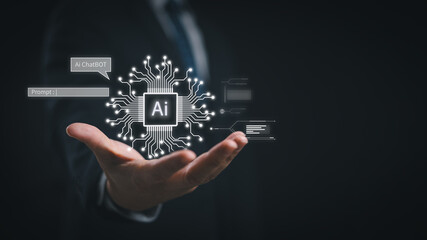 Ai tech, businessman show virtual graphic Global Internet connect Chatbot Chat with Artificial Intelligence. using command prompt for generates something, Futuristic technology transformation.
