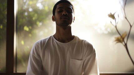 A man in a white shirt finds peace by doing yoga in front of the window.
