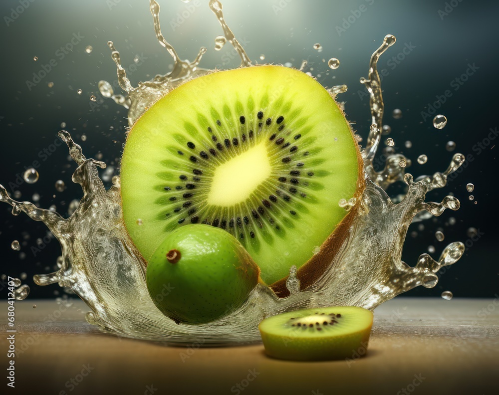 Poster a kiwi fruit with water splashing around it and a slice of kiwi on the side of it.