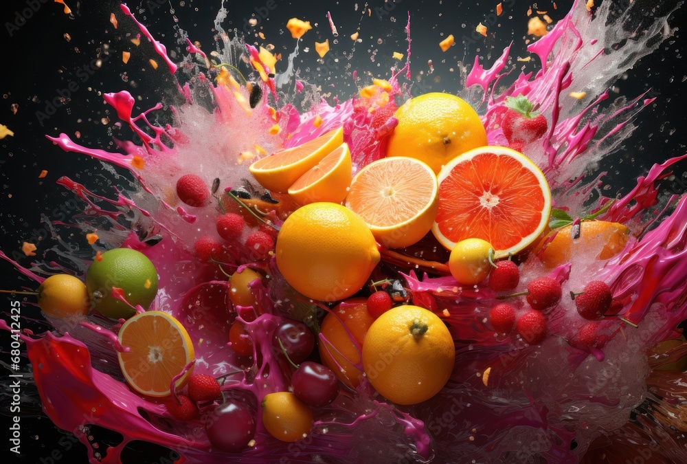 Poster a bunch of oranges and other fruit are mixed in with a splash of water on a black background with a 
