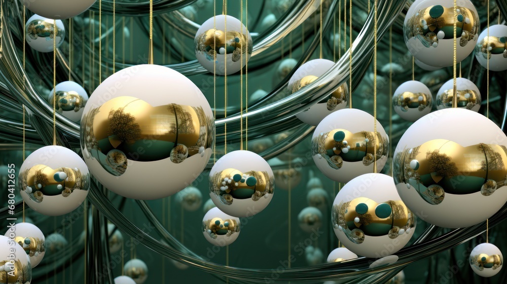 Poster a bunch of balls that are hanging from a string in the shape of a tree with gold and green ornaments