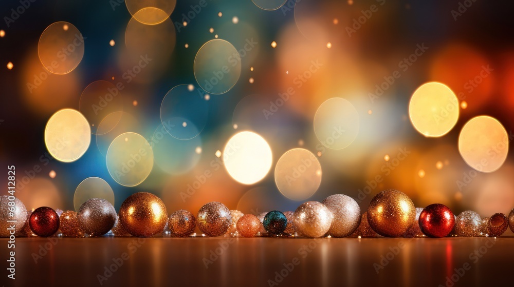 Poster a close up of a number of ornaments on a table with blurry lights in the background of the image.