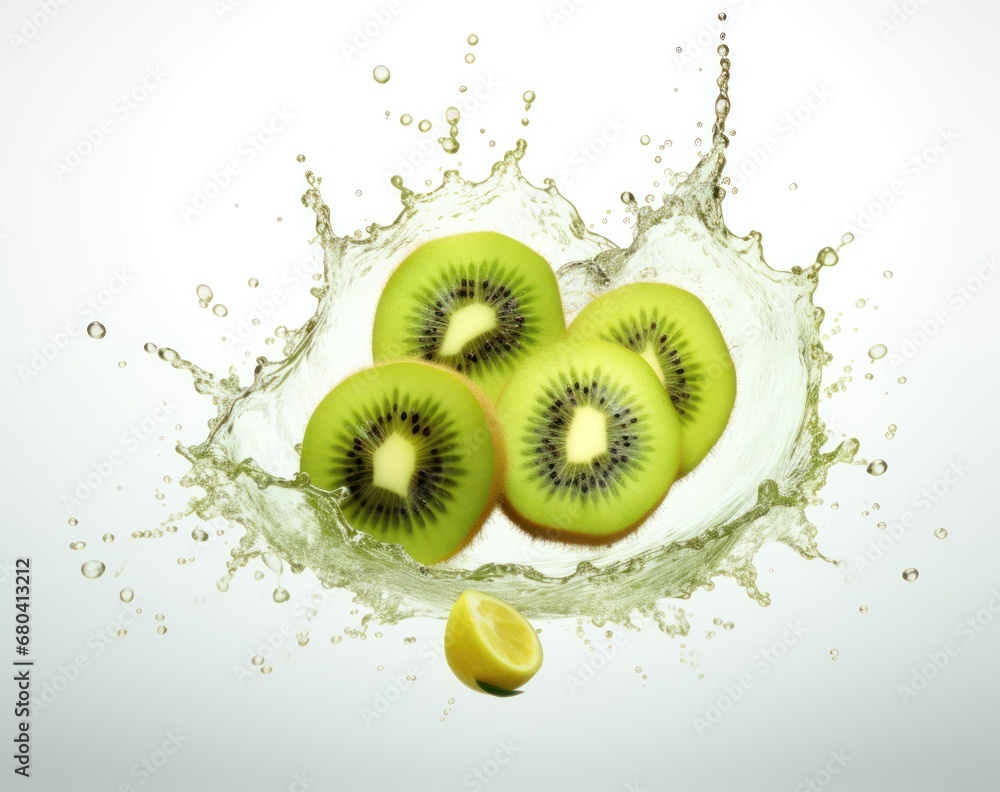 Poster a group of kiwis in a splash of water with a slice of lemon on the side of it.