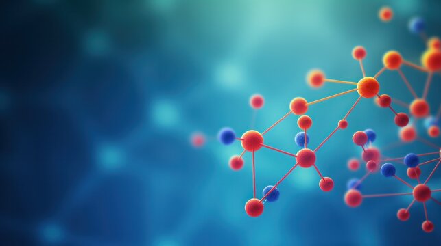 3D molecules on blue background.