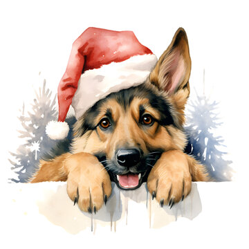 Christmas Animal Illustration, Christmas German Shepherd Watercolor Clipart, Xmas Decoration