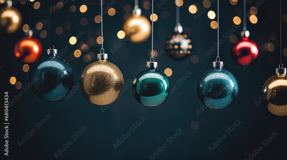 Poster a row of colorful christmas ornaments hanging from a string against a dark background, creating a fe